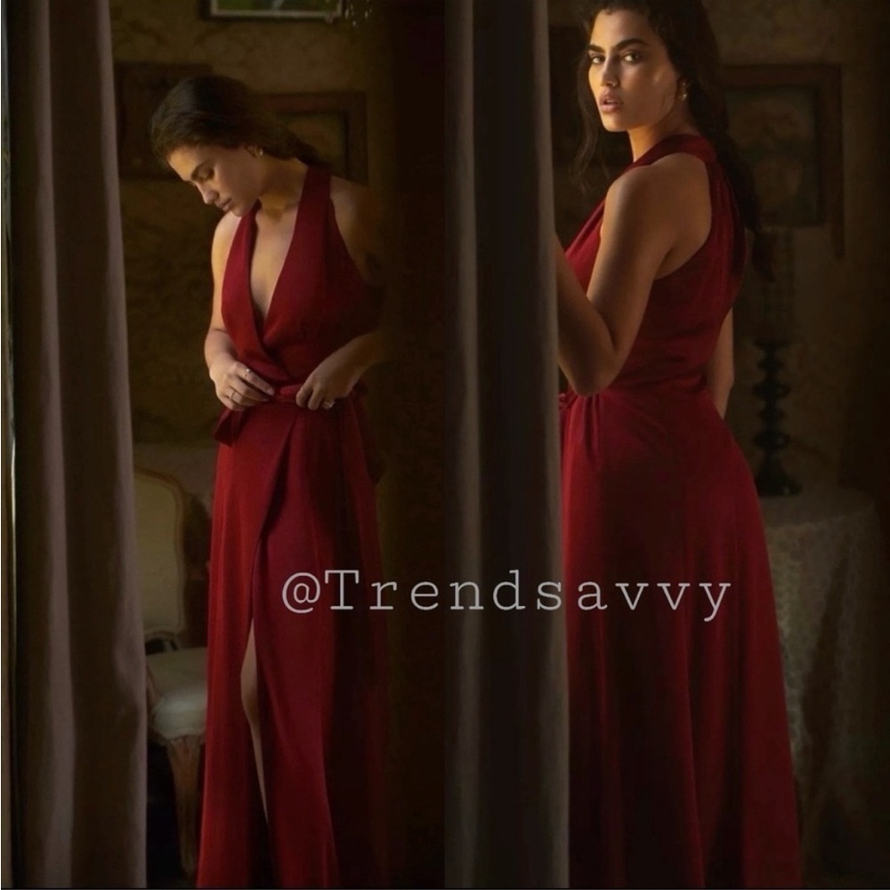 Anthropologie Red Bridesmaids Satin Halter Neck Wrapped Maxi Dress Small NWT